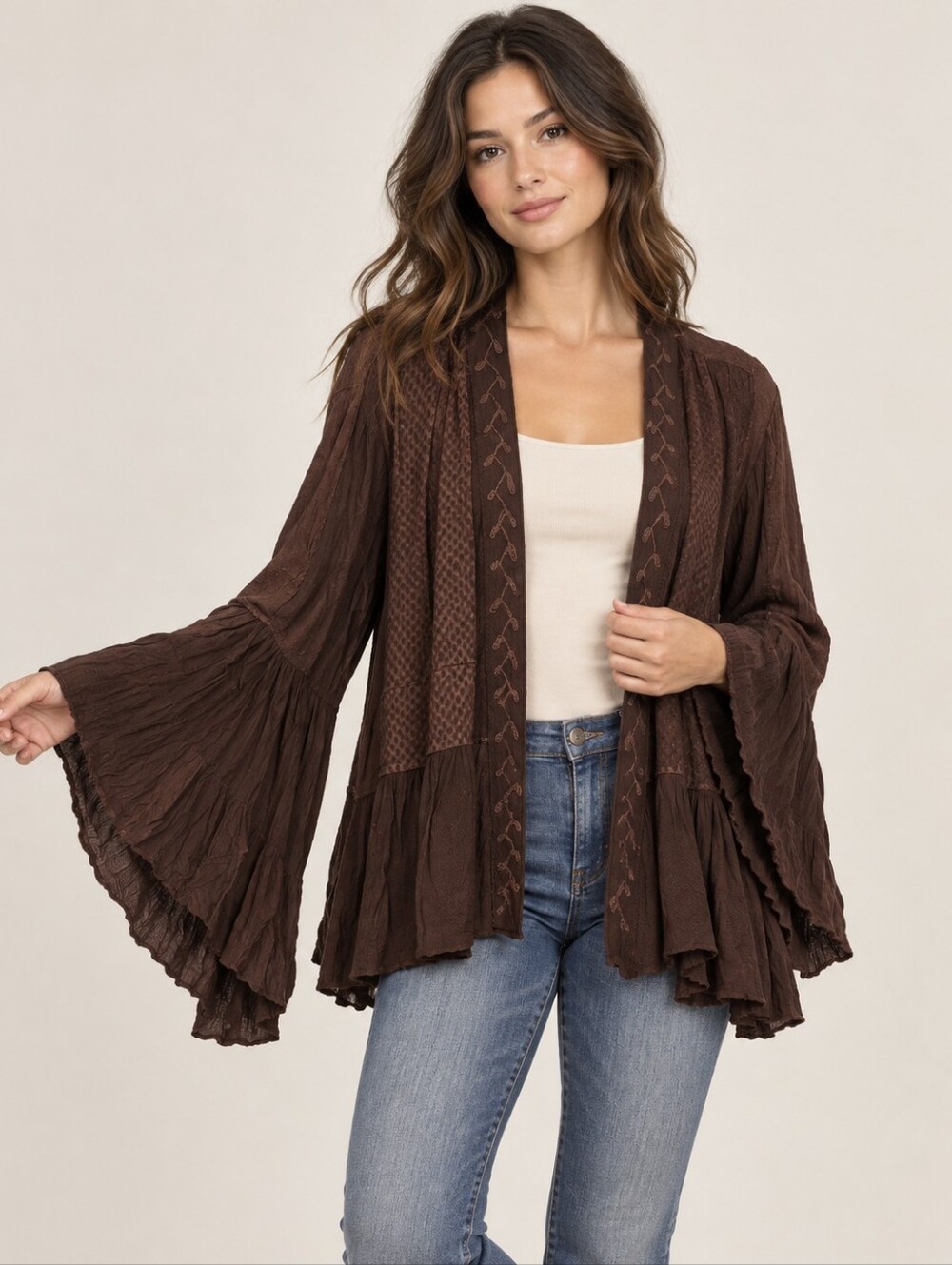 546.Bohemian Brown Embroidered Ruffle Kimono Jacket